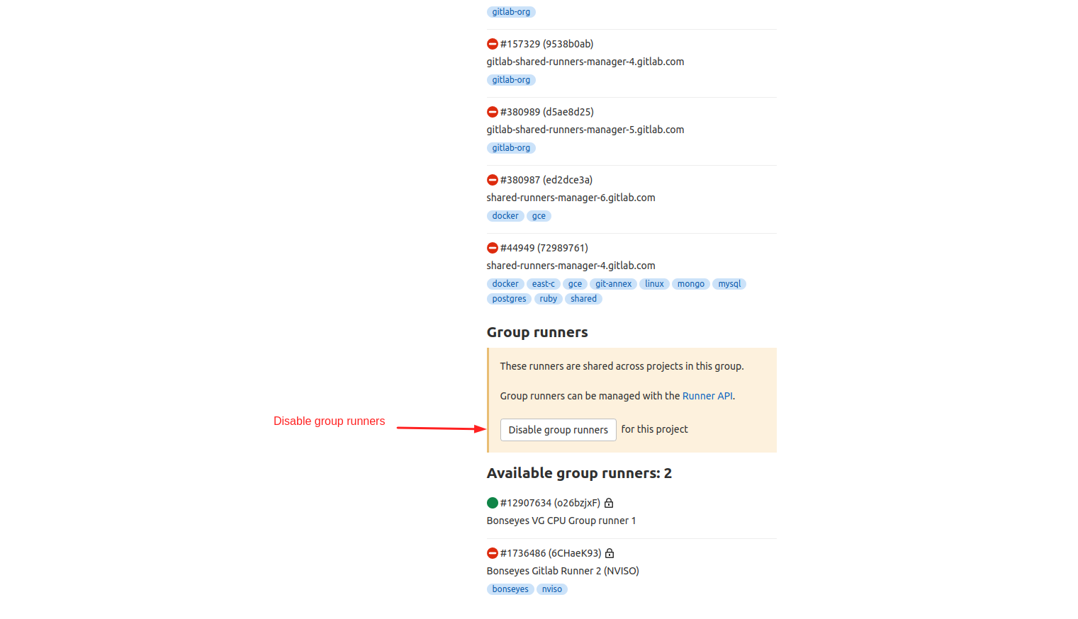 Disable group runners on GitLab repository.